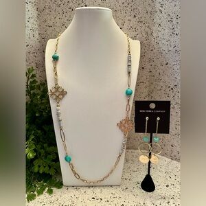 Gold tone link necklace with beads and metal stations and NOC earrings